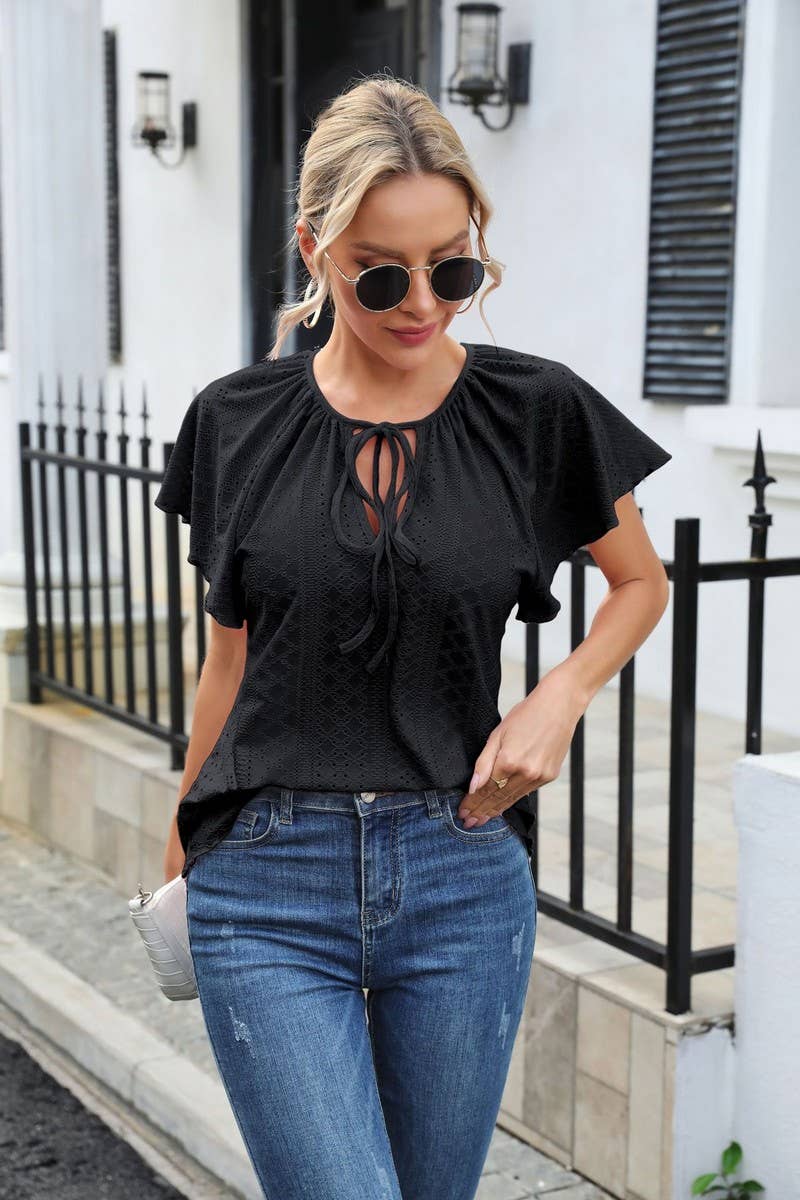 CWTBLS0407_Round Neck Short Sleeve Casual Knit Top