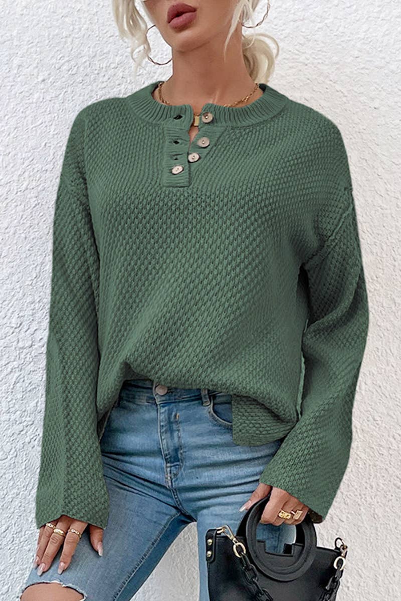 CWOSWL589_Loose V Neck Button Tops Pullover Sweater