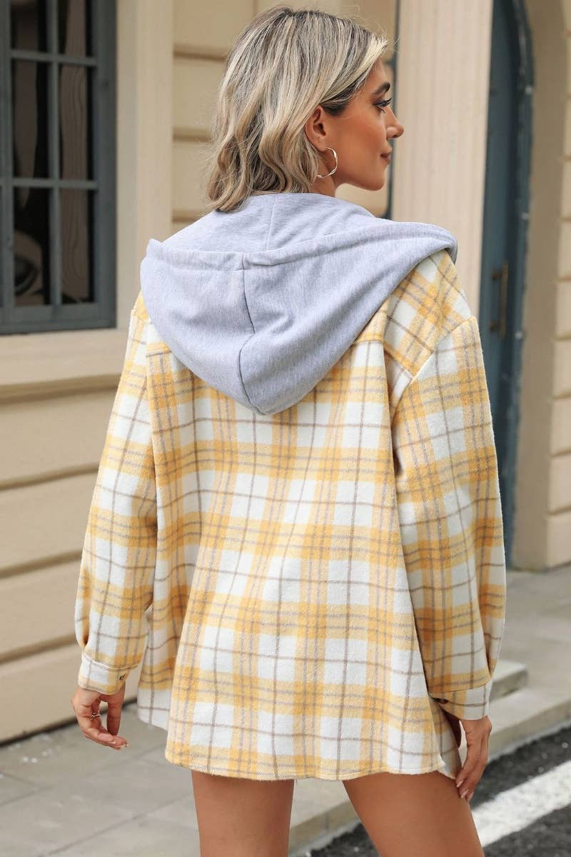 CWTSTL1709_PLAID COLOR MATCHING HOODED LONG-SLEEVED SHIRT