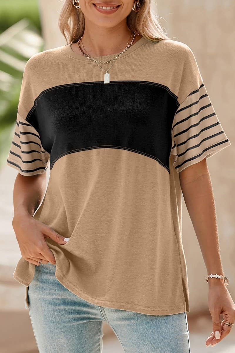 CWTTS1392_ROUND NECK CASUAL STRIPED CONTRAST COLOR T-SHIRT