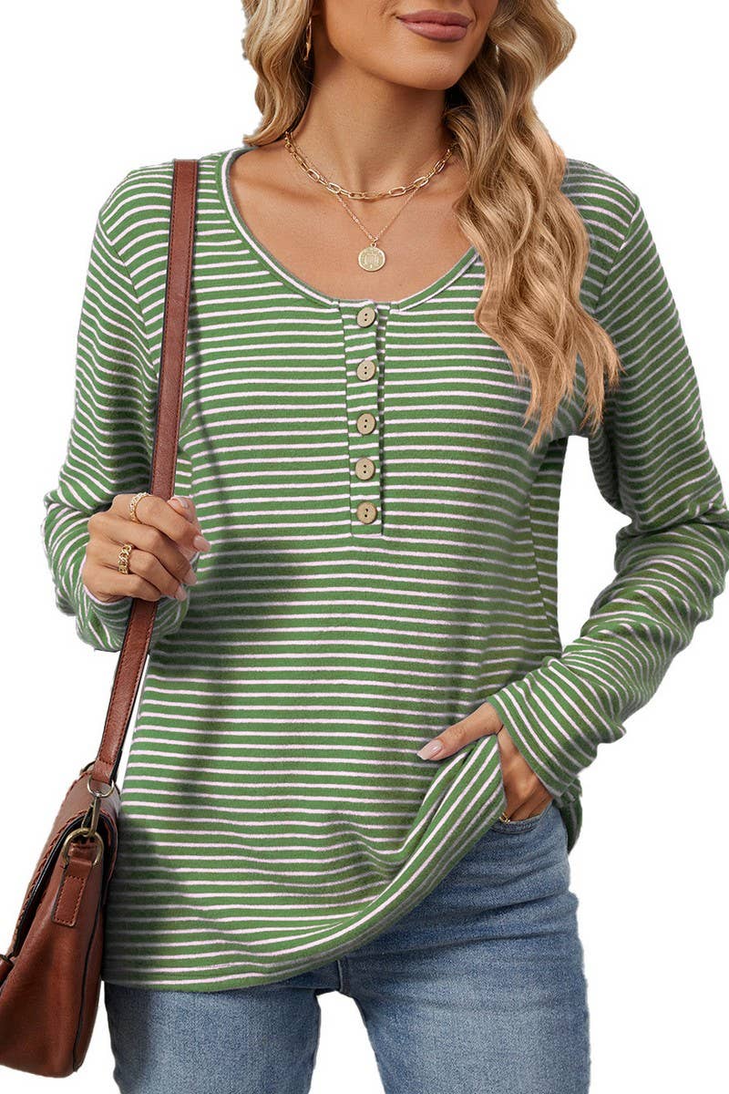 CWTBLL2353_ROUND NECK BUTTON LONG SLEEVE STRIPED CASUAL TOP