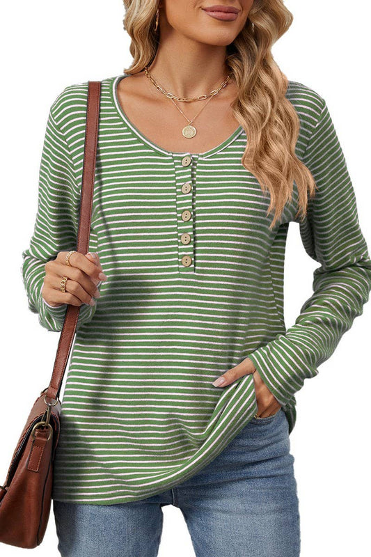 CWTBLL2353_ROUND NECK BUTTON LONG SLEEVE STRIPED CASUAL TOP