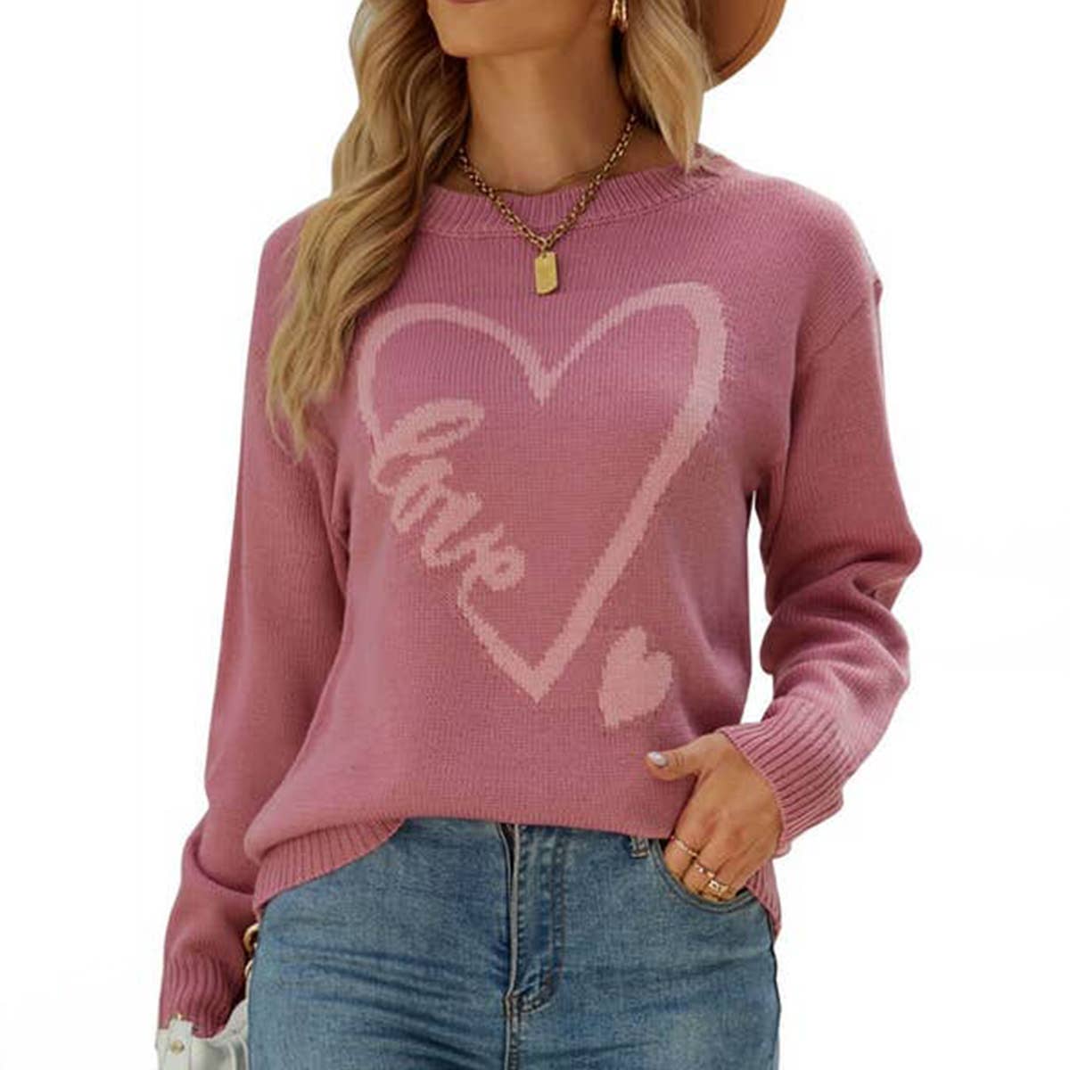 Bean paste color crew-neck loose love sweater