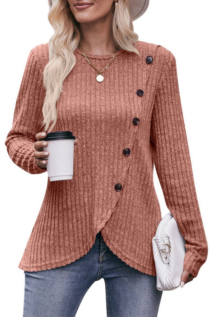 CWTBLL1830_SOLID COLOR ROUND NECK RIBBED HEM BUTTON T-SHIRT