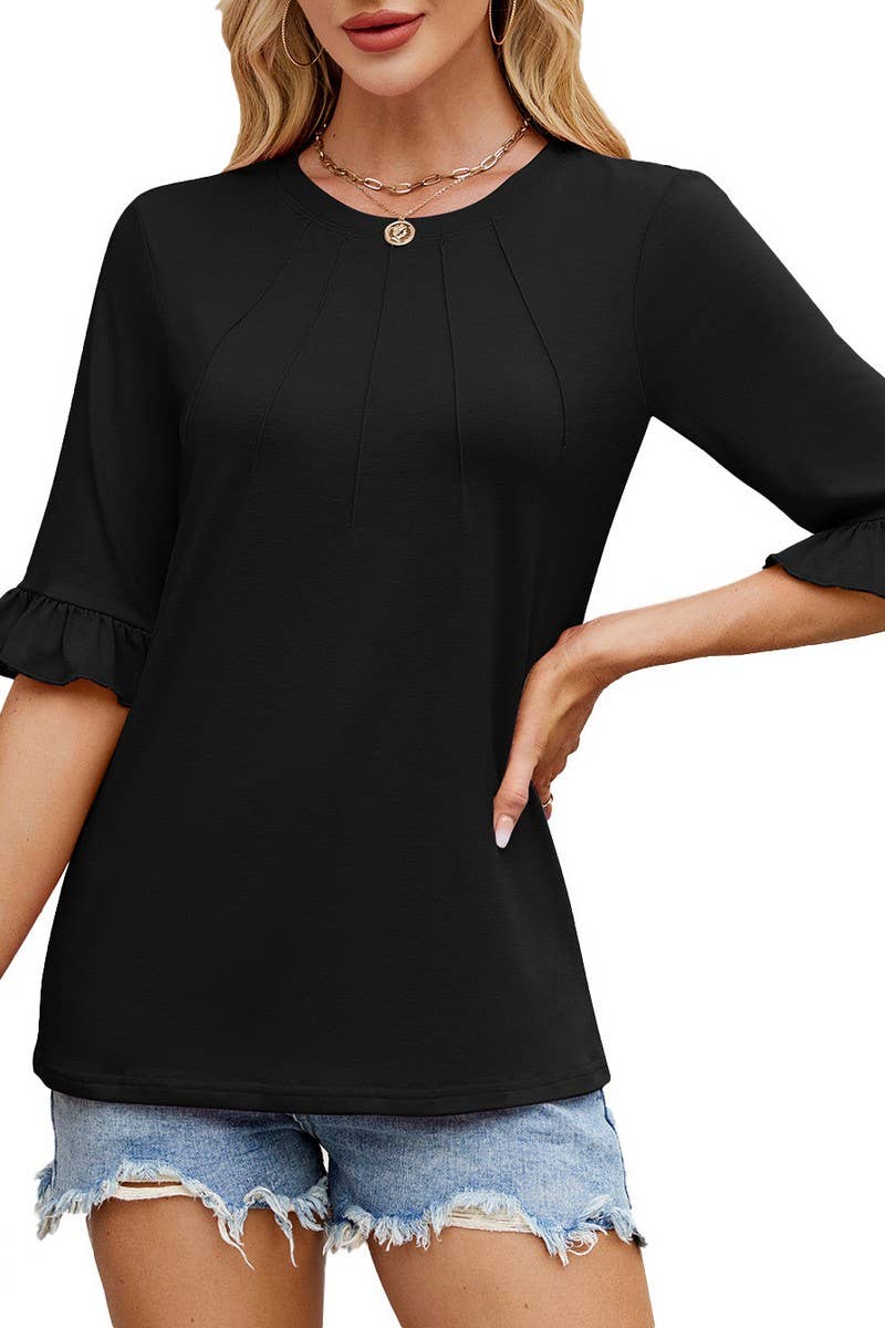 CWTBLS1725_SOLID COLOR ROUND NECK RUFFLE SLEEVES TOP