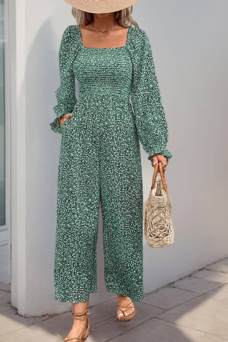 CWSS1084_SQUARE NECK PUFF SLEEVE FLORAL JUMPSUIT