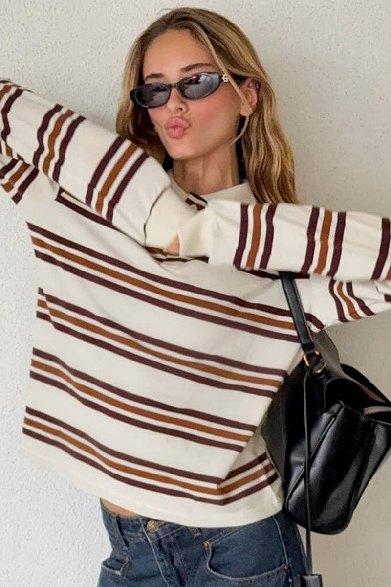 CWTBLL00563_LOOSE STRIPED POLO NECK LONG-SLEEVED TOP