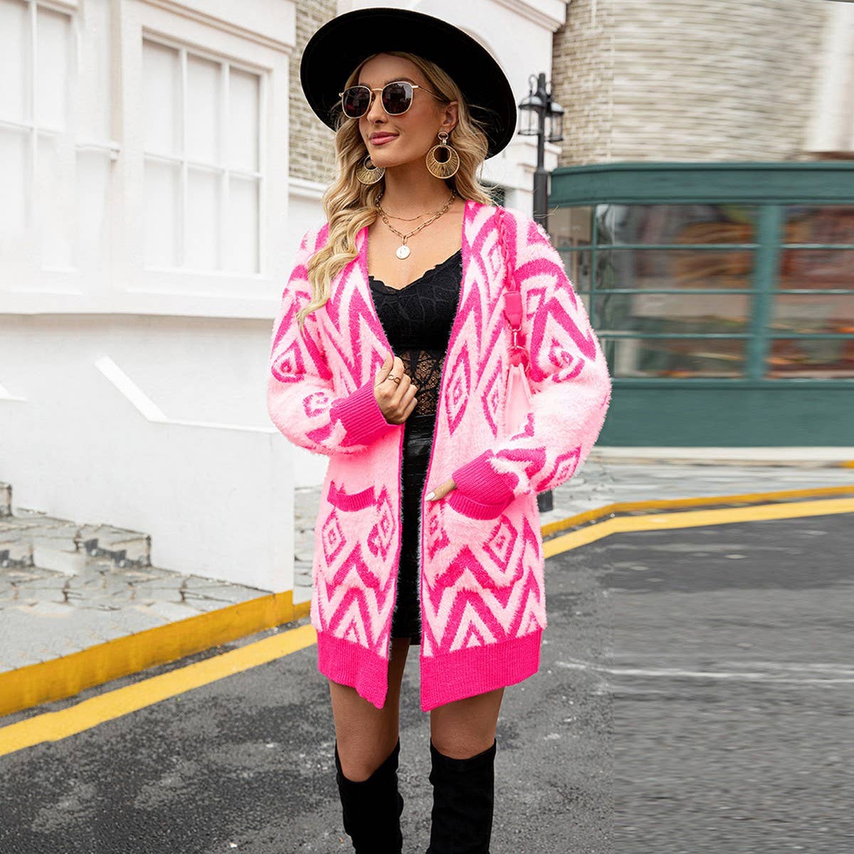 Diamond jacquard long cardigan coat