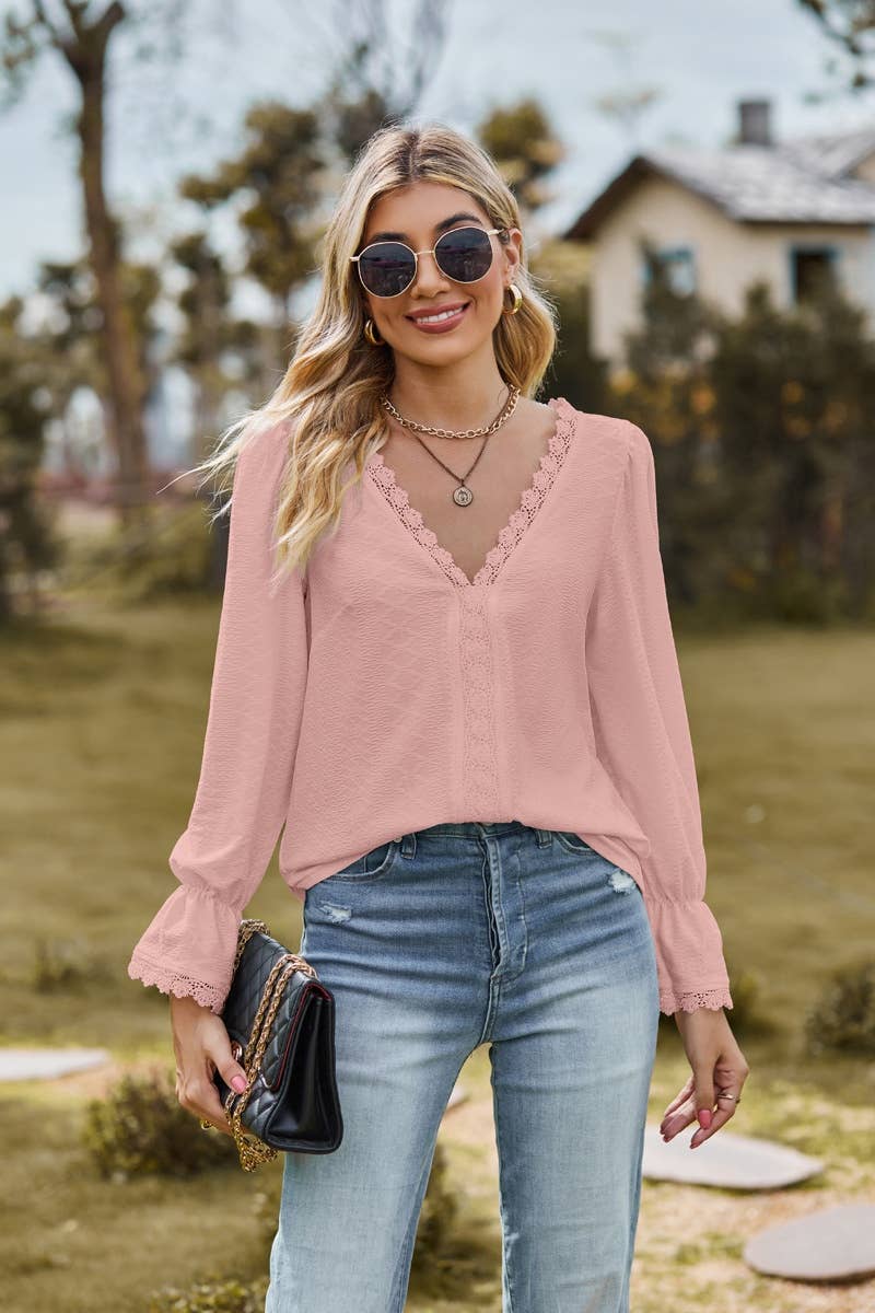 CWTBLL2710_STYLISH V-NECK LACE PATCHWORK LONG-SLEEVED TOP