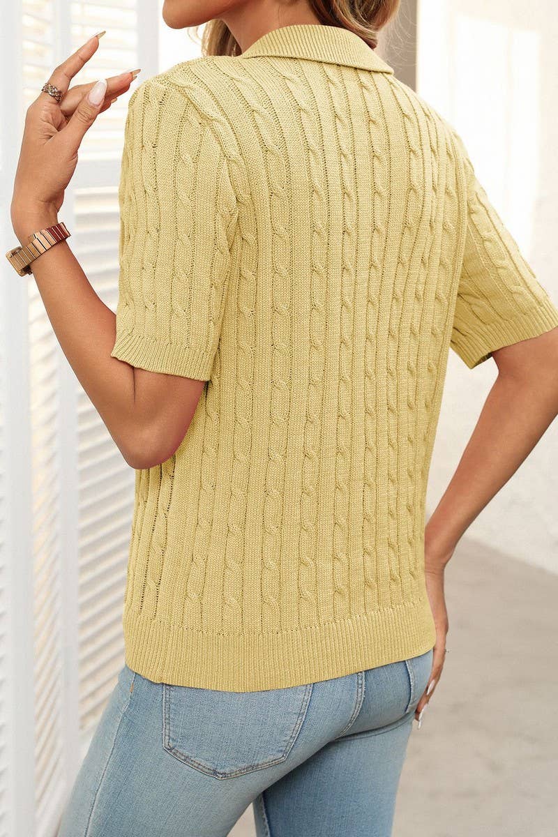 CWOSWS0127_V-NECK LAPEL CABLE-KNIT SHORT-SLEEVED PULLOVER