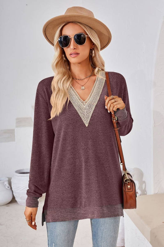 CWTBLL2691_FALL V-NECK LACE PATCHWORK LONG-SLEEVED TOP