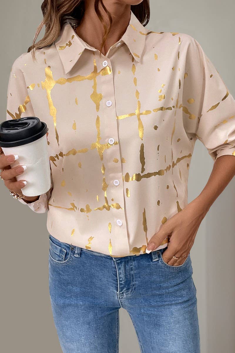 CWTSTL1869_LOOSE LONG-SLEEVED LAPEL GOLD-STAMPED SHIRT