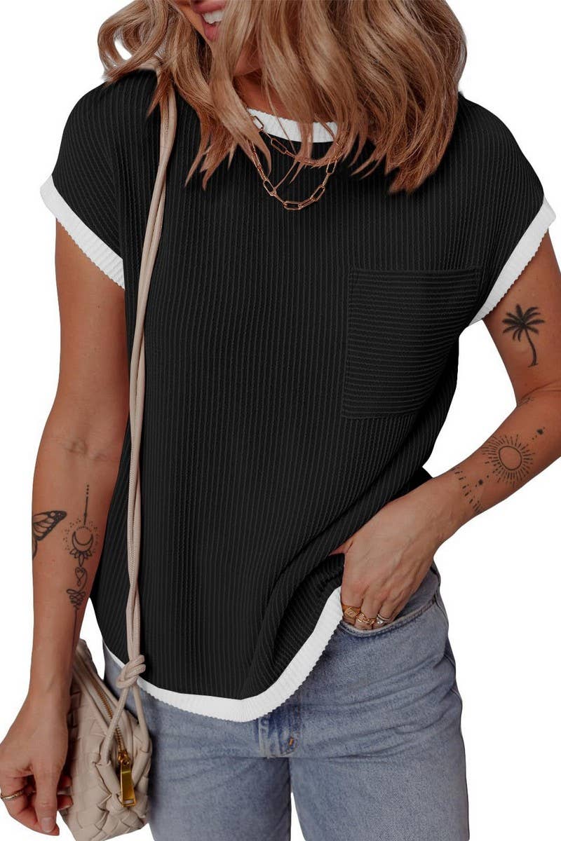 CWTBLS1772_RIBBED POCKET KNIT SHORT SLEEVE T-SHIRT TOP