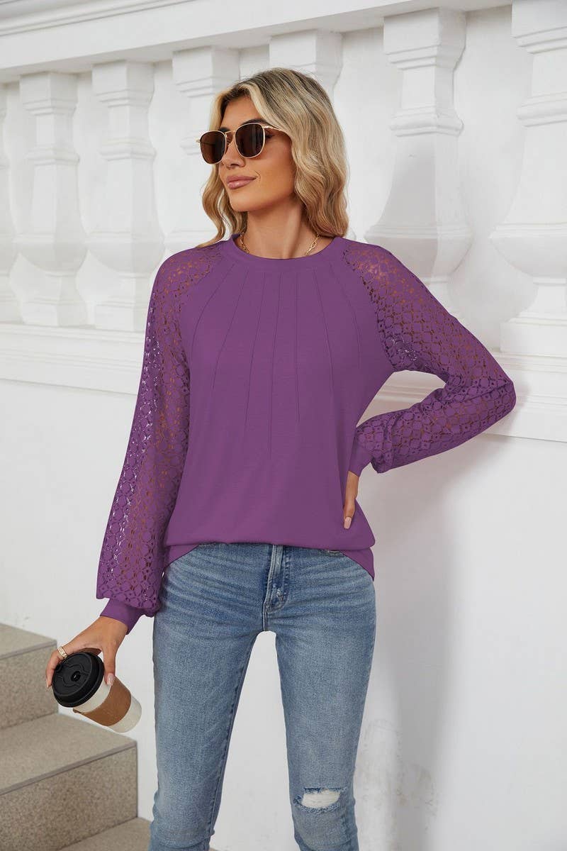 CWTBLL2349_AUTUMN AND WINTER ROUND NECK LACE CASUAL T-SHIRT
