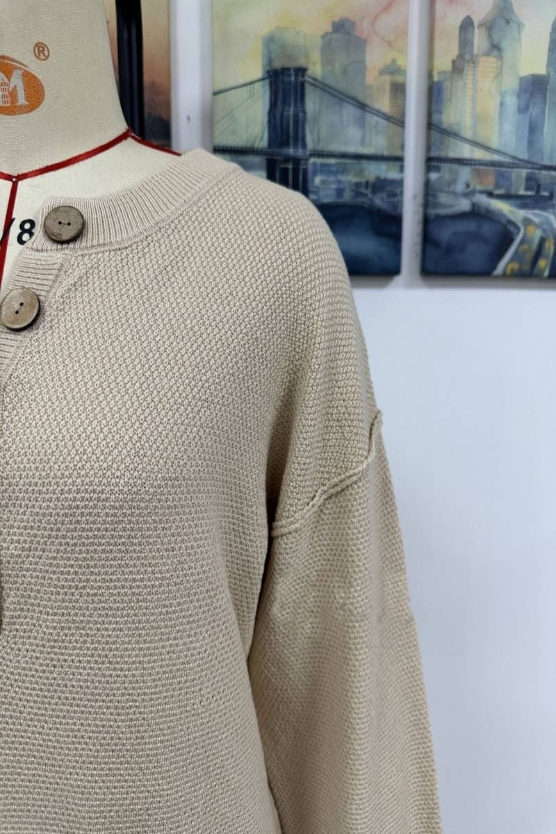 CWDMD538  Long Sleeve Loose V-Neck Button Tops Long Sweater