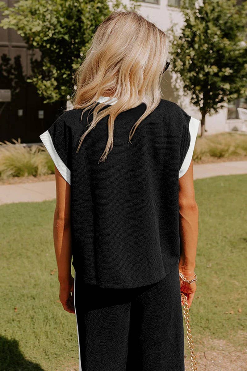 CWSTB1794_COLOR BLOCK ROUND NECK LOOSE FIT TWO-PIECE SET