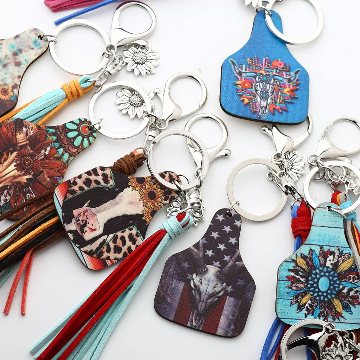 Western Bull Head Leather Tassel Sunflower Keychain_CWAB5089