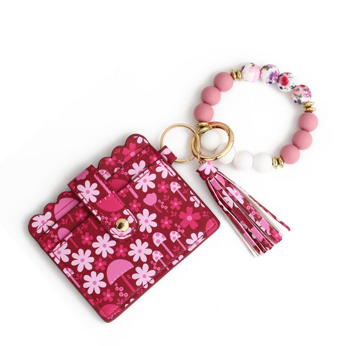 Heart PU Card Wallet with Beaded Keychain_CWAB4944