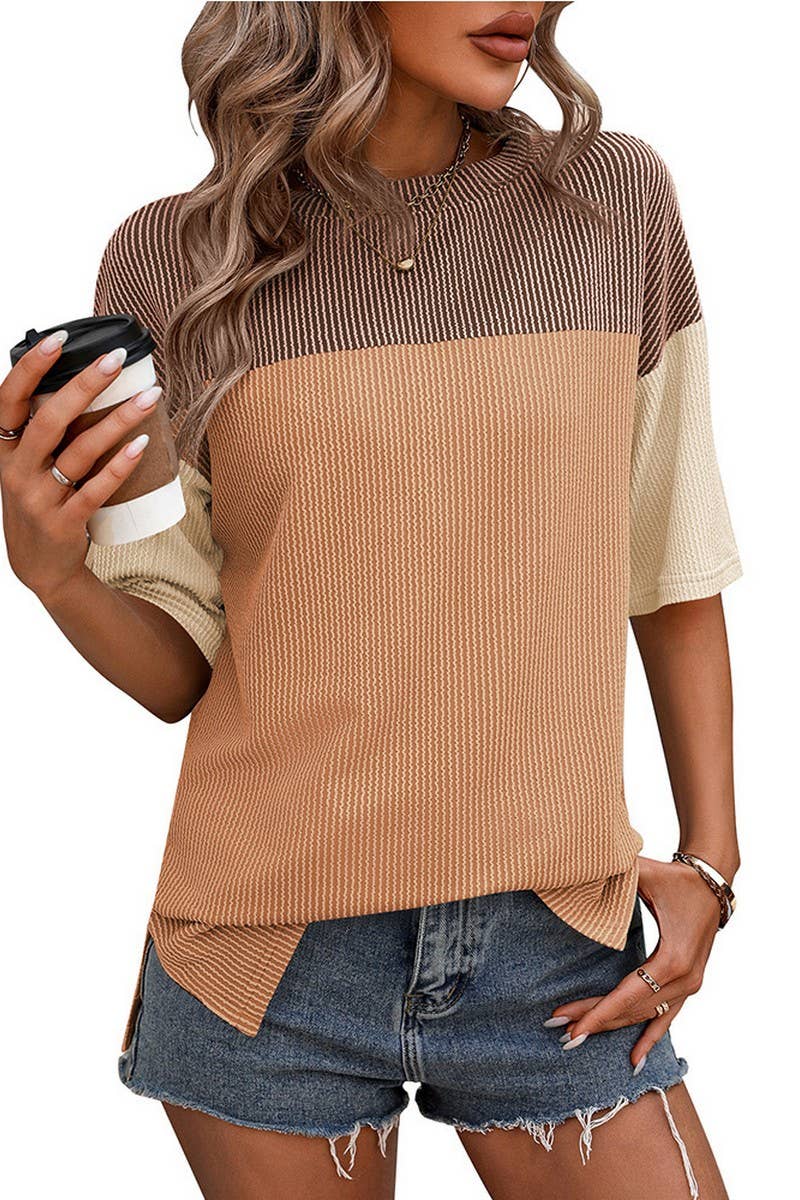CWTTS1317_SUMMER ROUND NECK COLOR BLOCK LOOSE T-SHIRT