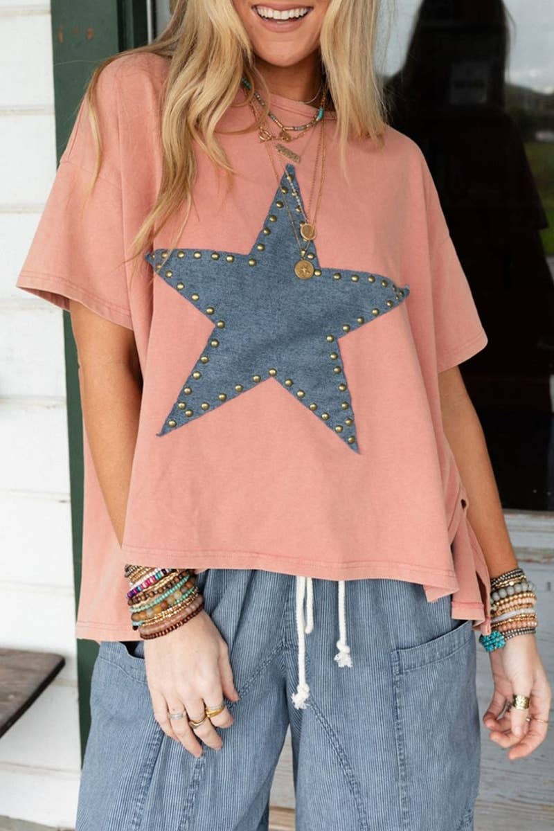 CWTBLS1298_ROUND NECK SHORT SLEEVED TOP WITH STUDDED STARS