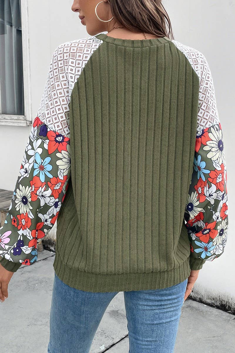 CWOSWL6839_NEW ROUND NECK FLORAL PATTERN COLORBLOCK SWEATER