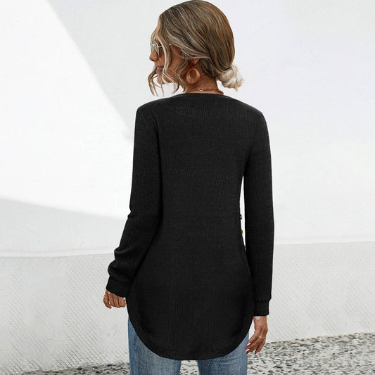 Crew-neck solid color knitted long-sleeved top