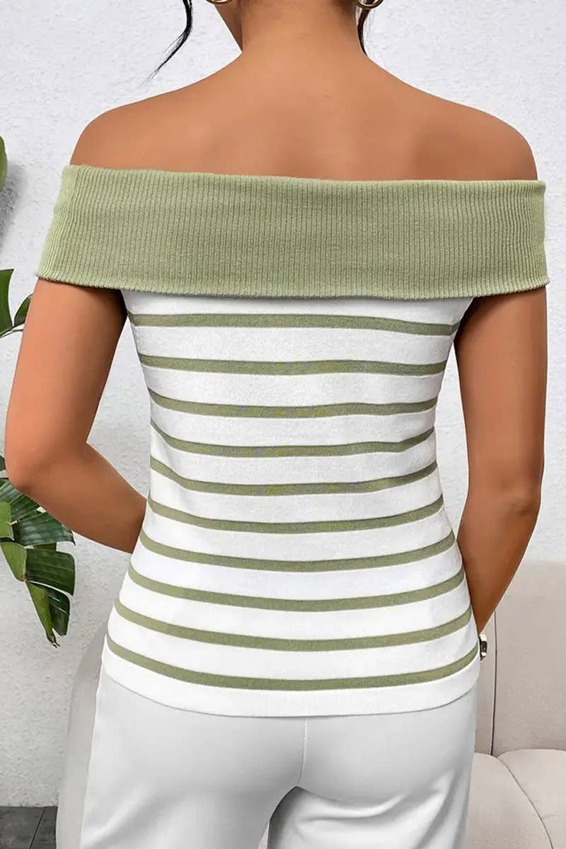 CWTTS1306_FASHION STRIPED OFF-SHOULDER BOAT NECK SWEATER