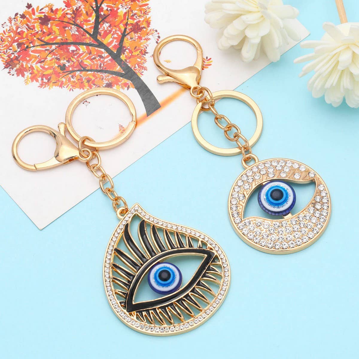 COLORED DIAMOND DEVIL'S EYE METAL KEYCHAIN PENDANT