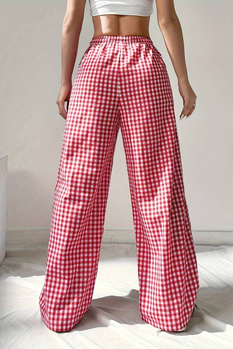 CWBLP1138_LOOSE PINK PLAID LACE-UP CASUAL WIDE-LEG PANTS