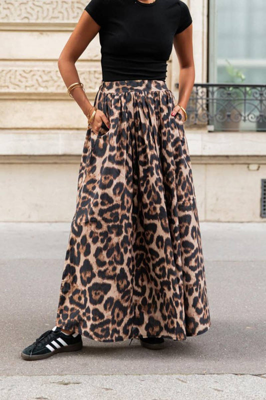 CWBLS0610_NEW SUMMER LEOPARD PRINT PLEATED WIDE SWING SKIRT