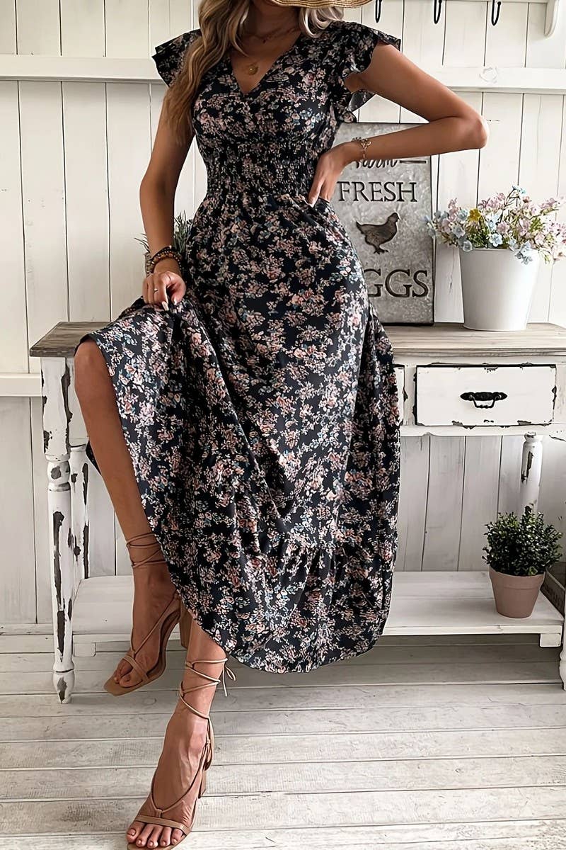 CWDMD6114_V-NECK FLORAL FRENCH STYLE SHORT SLEEVE DRESS