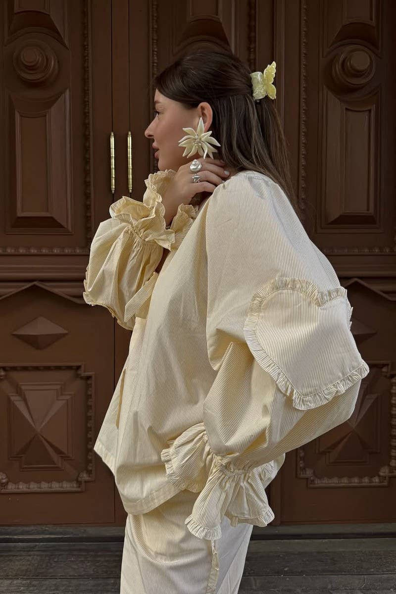 CWTTL2045_FUNGUS PLEAT HEART STITCHING CARDIGAN LACE-UP SHIR