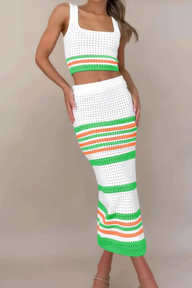 CWSS0493_SLEEVELESS STRIPED TOP BODYCON LONG SKIRT SUIT