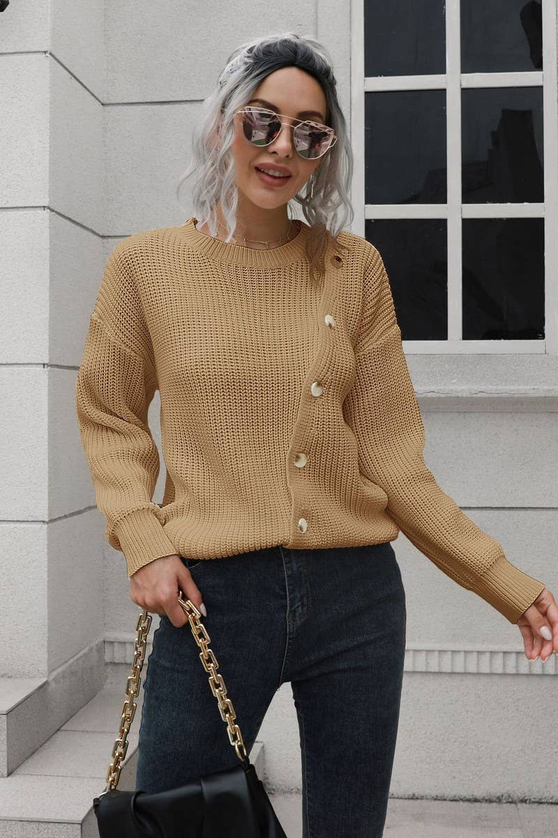 CWOSWL6856_AUTUMN AND WINTER BUTTON LONG SLEEVE LOOSE WOOL