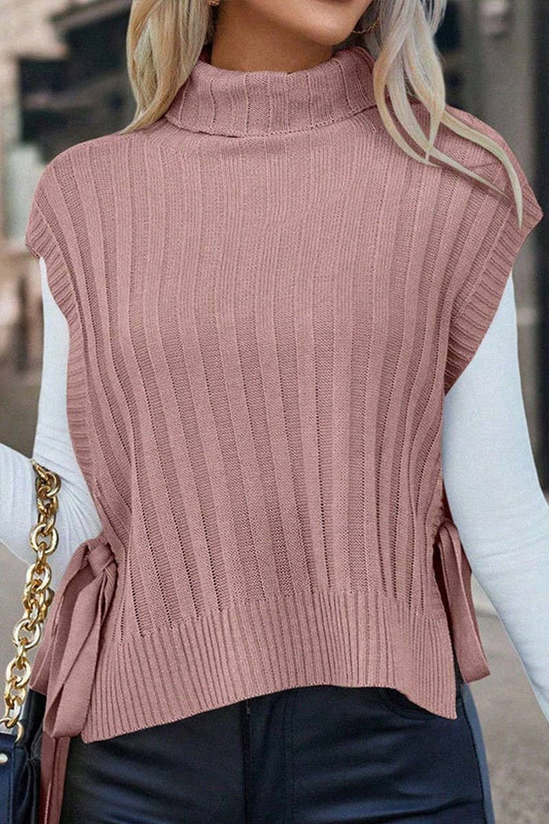 CWOSWSL00158_SOLID TURTLENECK SLEEVELESS SIDE TIE KNIT VEST