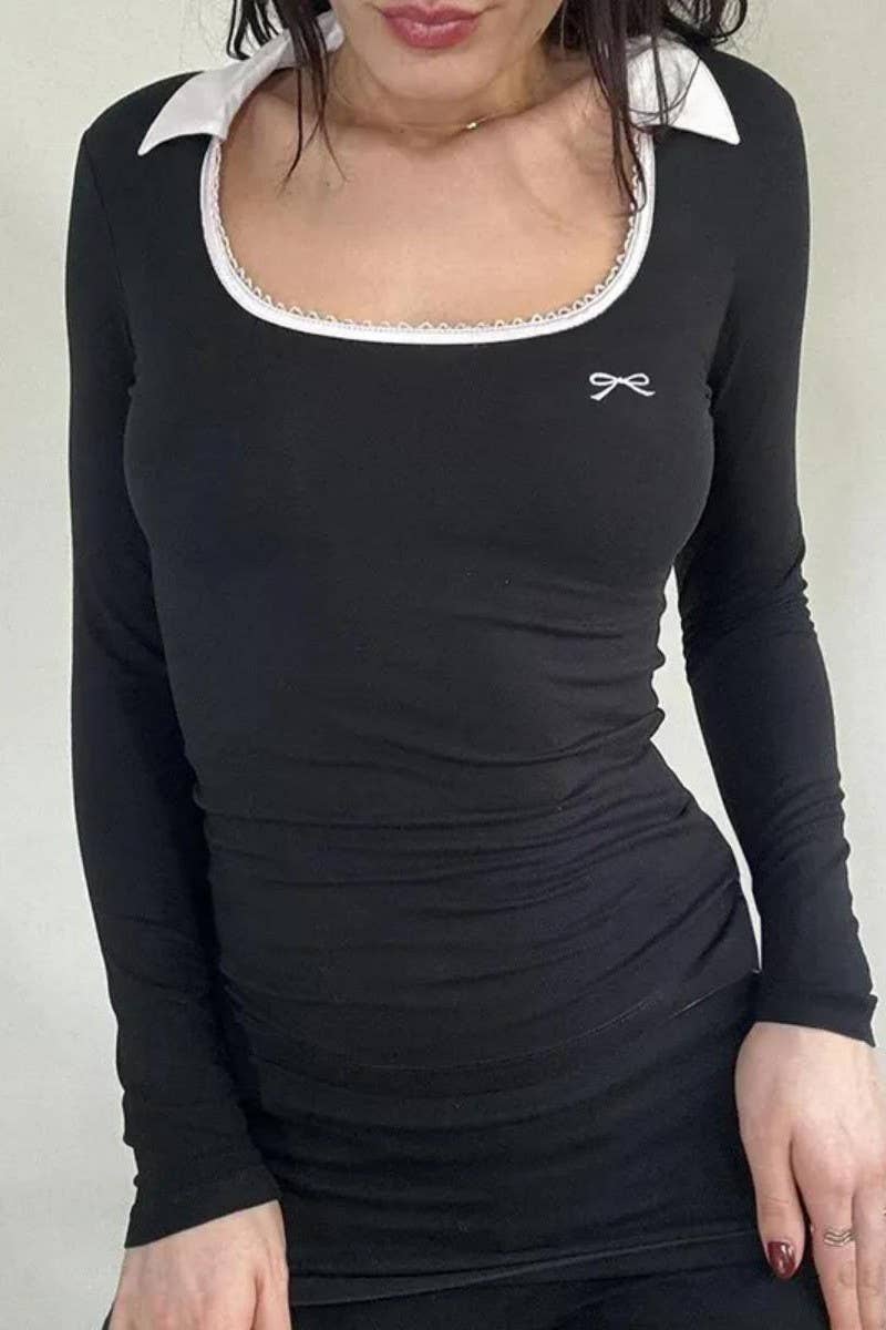 CWTBLL3602_SLIM FIT U-NECK SOLID COLOR KNIT LONG SLEEVE TOP