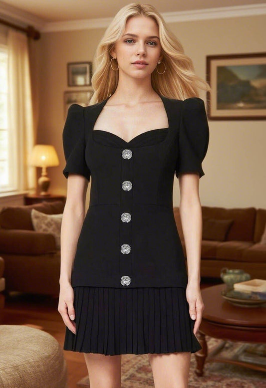 CWDSD8884_VINTAGE BUTTON PUFF SLEEVE BLACK MINI DRESS