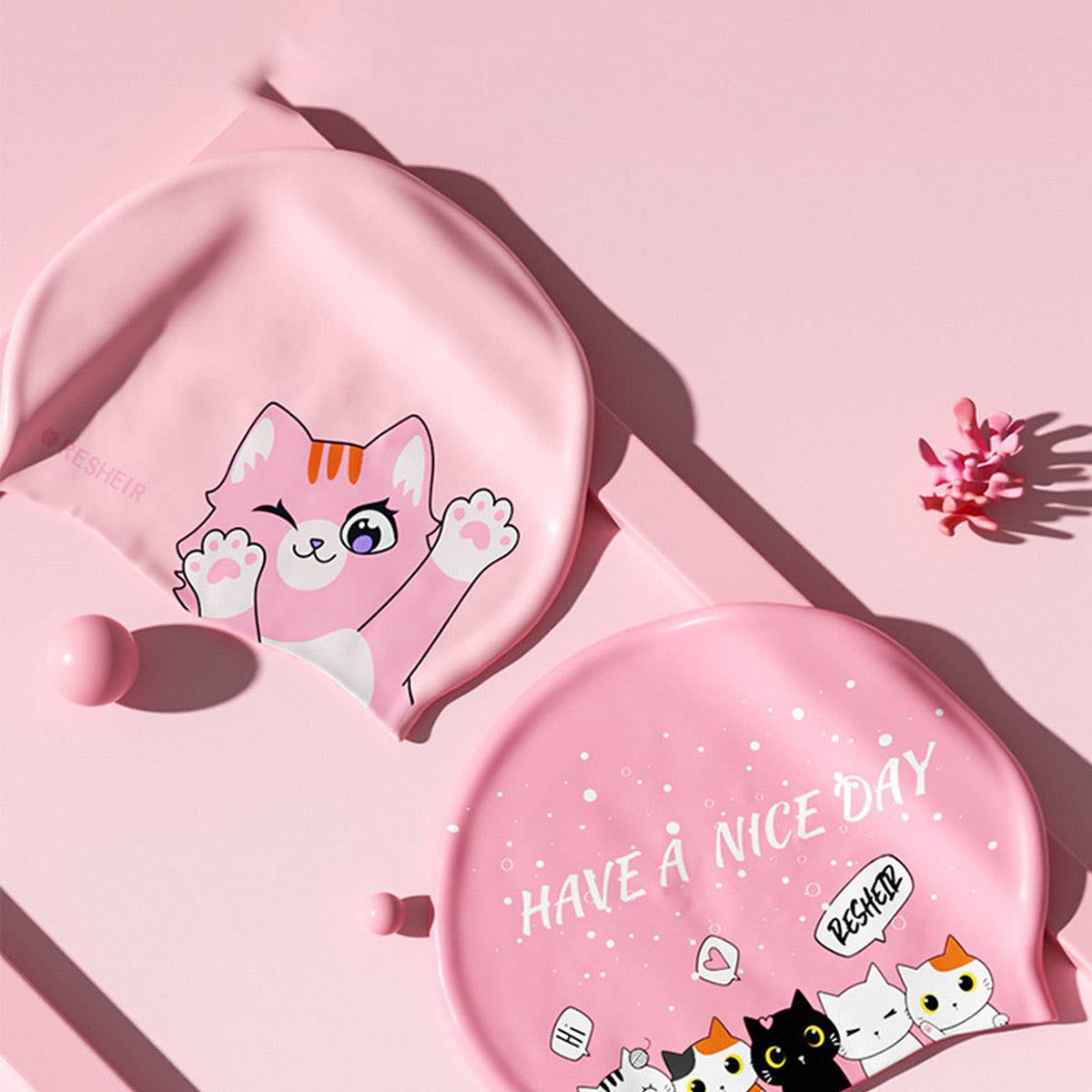 Girls Swim Cap Silicone Waterproof Cute Ear Cover