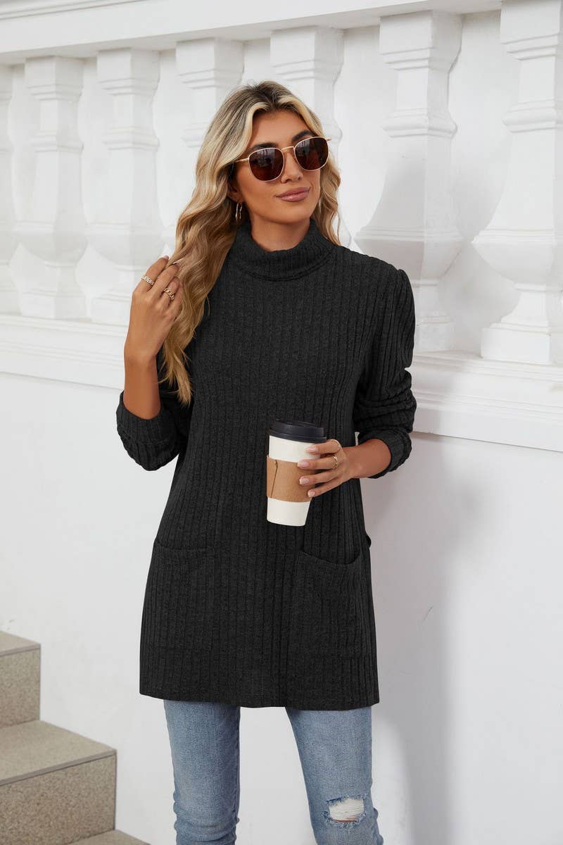 CWTBLL2363_SOLID COLOR HALF TURTLENECK SLIT POCKET TOP