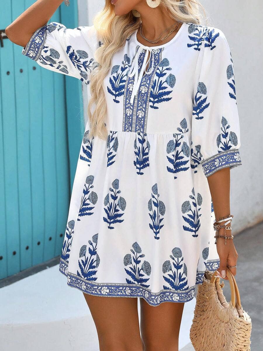 Casual plant printed straight short dress