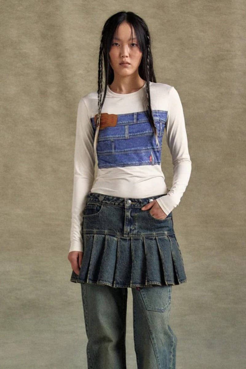 CWTBLL3452_DENIM PRINT LONG SLEEVE CREWNECK T-SHIRT