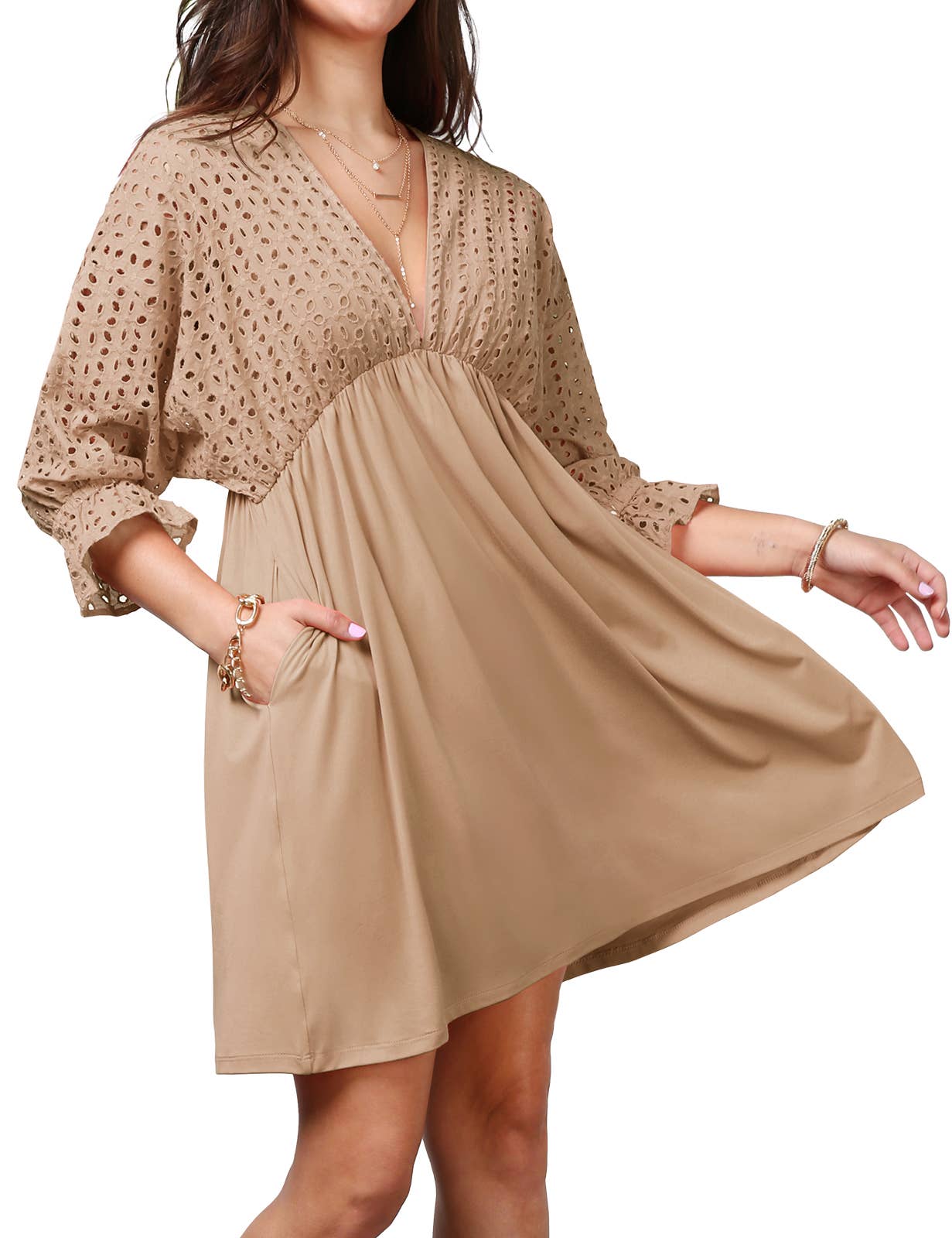 CWDSD10370_COTTON EYELET CONT BODICE WITH 3/4 SLEEVE DRESS