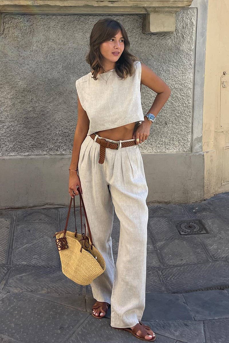 CWSTB1800_LINEN SLEEVELESS TOP & WIDE LEG PANTS SET