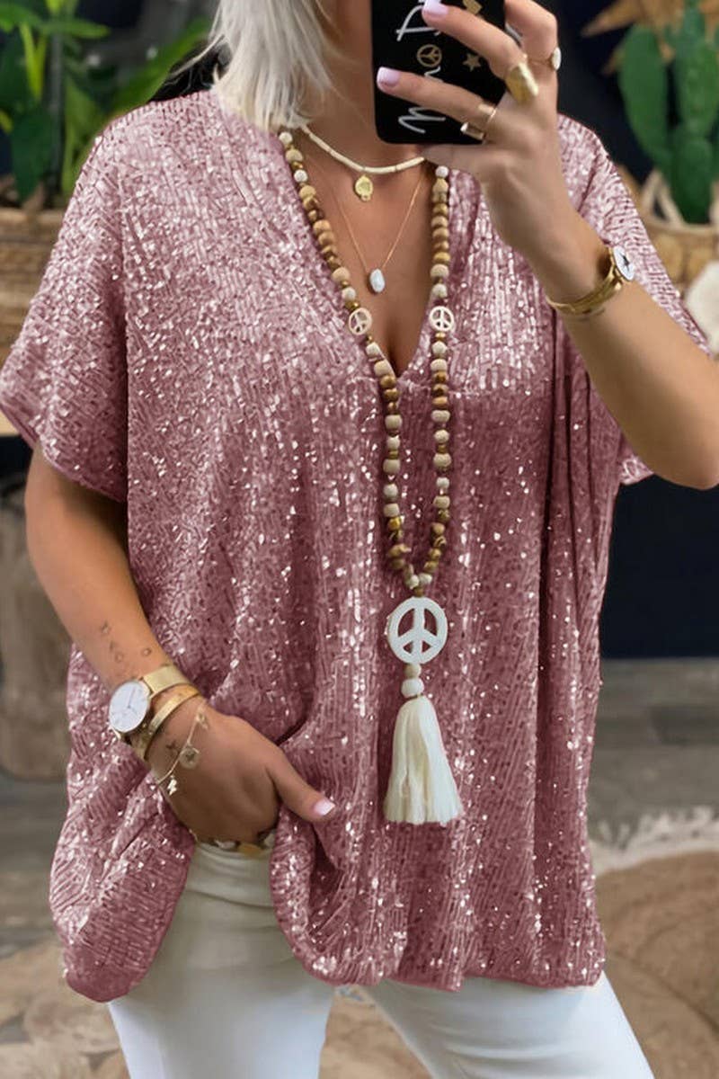 CWTBLL2809_V-NECK SOLID COLOR LOOSE PULLOVER SEQUINED TOP