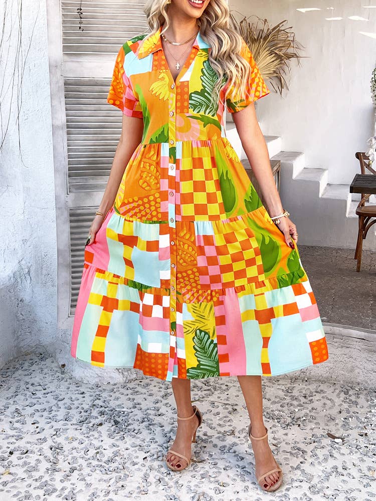 Casual Bohemian high-waiste color contrast dress