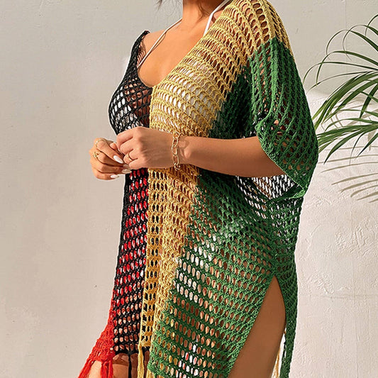 COLORFUL SEXY TASSEL HOLLOW BIKINI BEACH COVER-UP