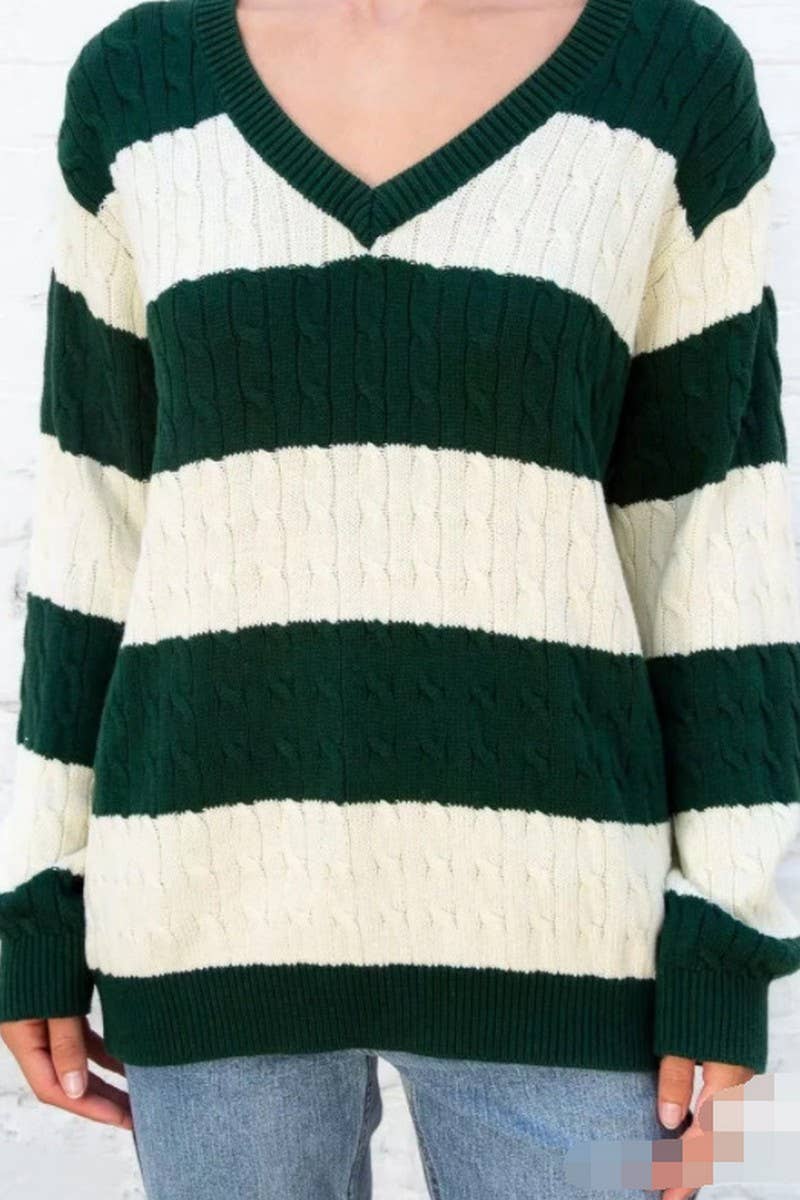CWOSWL5744_V-NECK STRIPED CONTRAST CHUNKY KNIT SWEATER