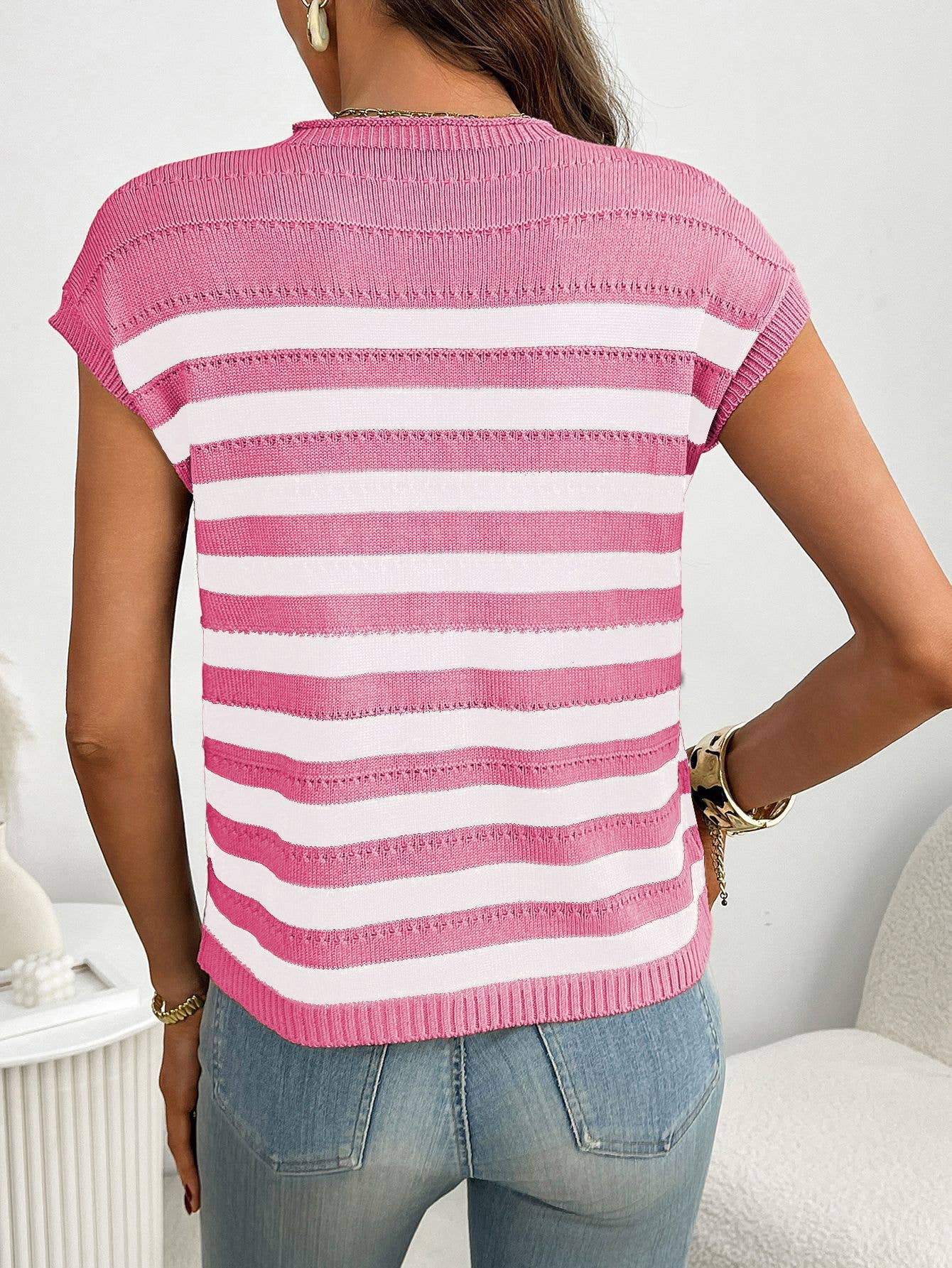 Color-blocking striped short-sleeved sweater