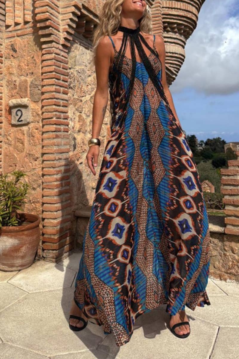 CWDHL0993_NEW SUMMER PRINTED SUSPENDER LONG SKIRT DRESS