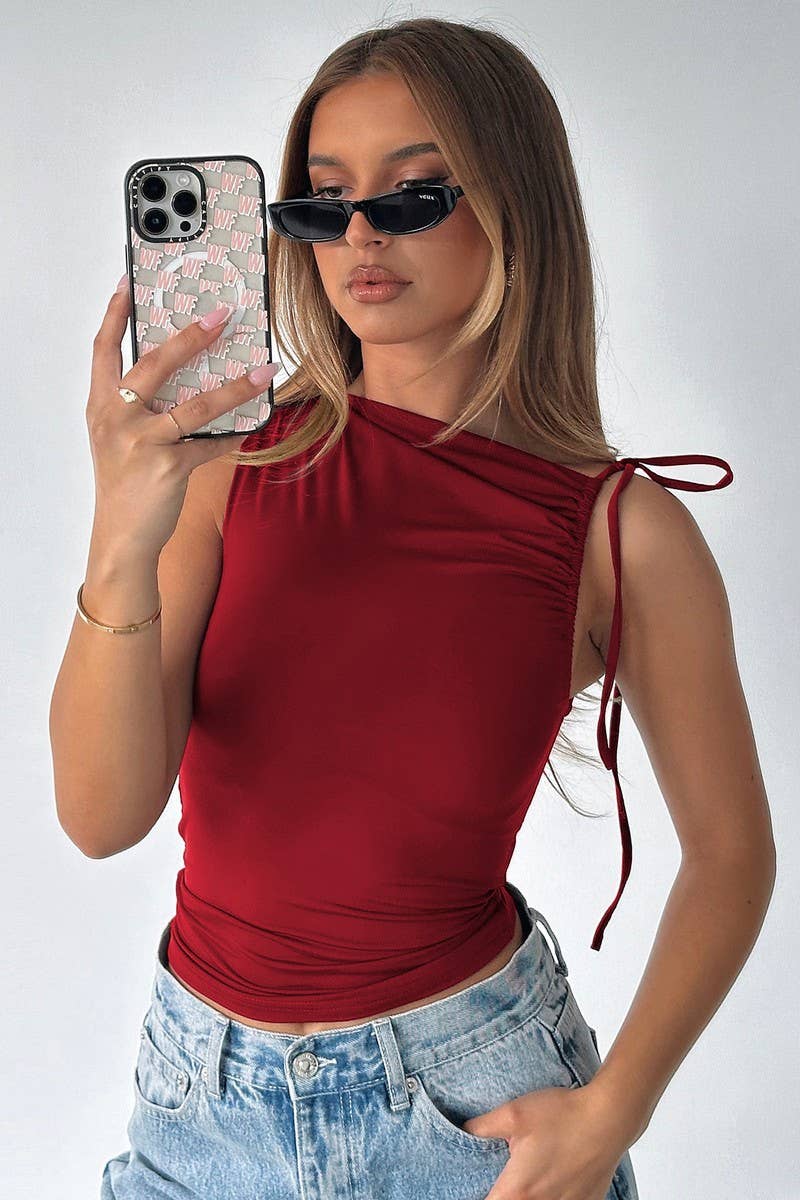 CWTBLSL0674_IRREGULAR SHOULDER STRAP DRAWSTRING PLEATED TOP